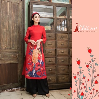 Áo Dài Tơ Óng Cao Cấp, Áo Dài Cách Tân 4 Tà Màu Đỏ In Họa Tiết Cô Gái, Áo Dài Cách Tân Tết| Áo Dài Truyền Thống