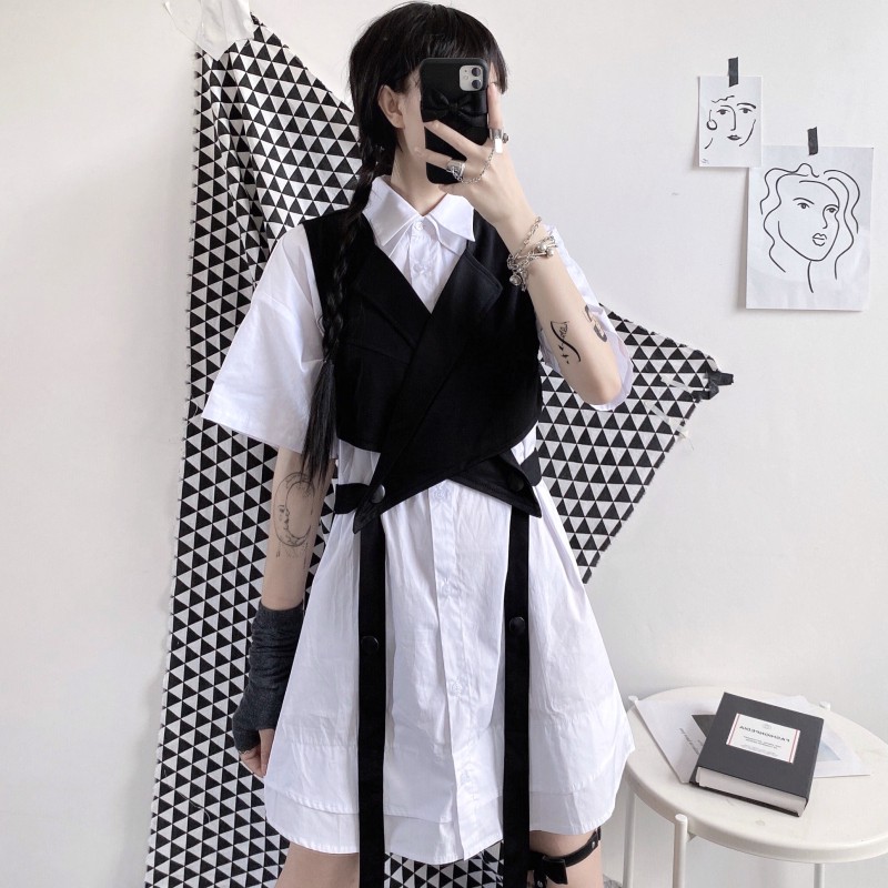 Sẵn - Set áo sơ mi dài dài + vest dáng lỡ phong cách Harajuku