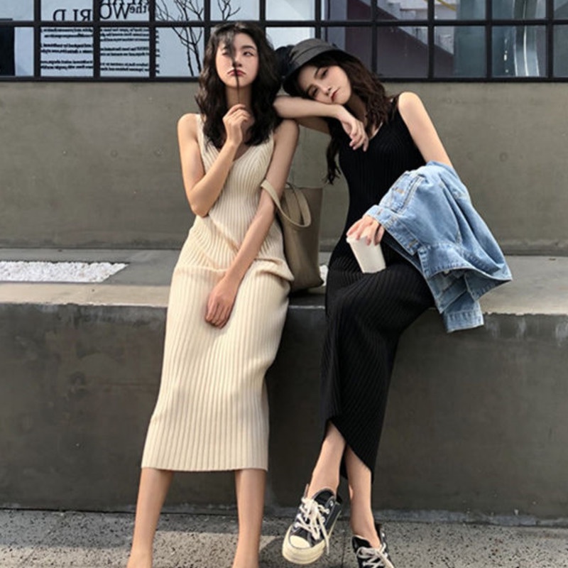Đầm Dệt Kim Không Tay Màu Sắc Đơn Giản Phong Cách Retro Hàn Quốc