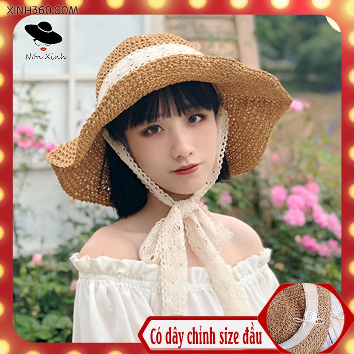 nón nữ đi biển mũ mềm dây ren người lớn - nc84