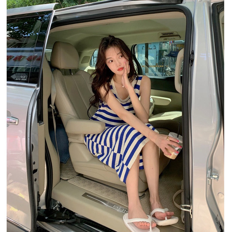 Đầm Dệt Kim Mỏng Cổ Tròn Họa Tiết Kẻ Sọc Đơn Giản Thời Trang Hàn Quốc