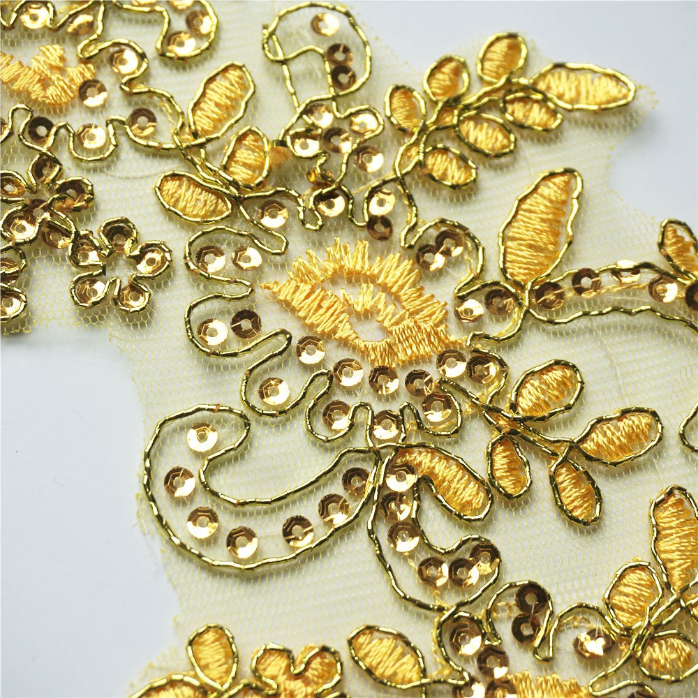 Set 2 Miếng Vải Ren Thêu Hoa Đính Kim Sa Lấp Lánh Dùng May Cổ Áo diy