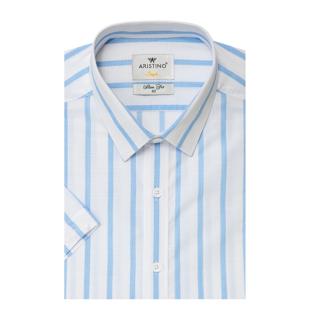 Áo sơ mi nam ngắn tay ARISTINO phom Slim fit, thiết kế tà lượn, họa tiết kẻ xanh trẻ trung, thanh lịch - ASS022S1