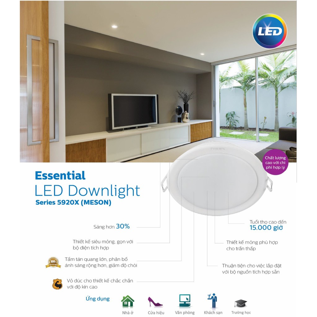 Bộ 3 đèn Philips LED Downlight âm trần 59201/59202/59203 5,5W/7W/10W