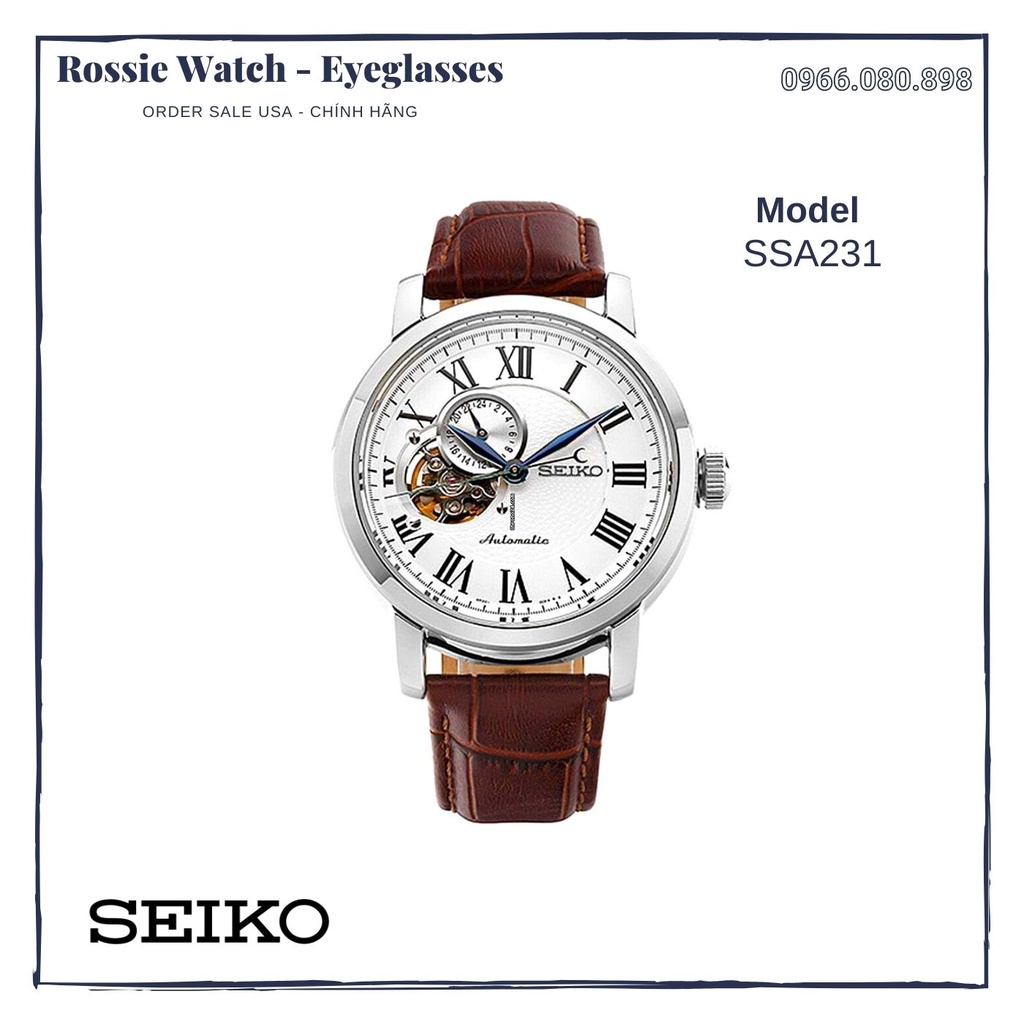 *Seiko* Đồng hồ nam Chính hãng SSA231, Dây da nâu, Mặt số màu trắng Lộ cơ 41mm