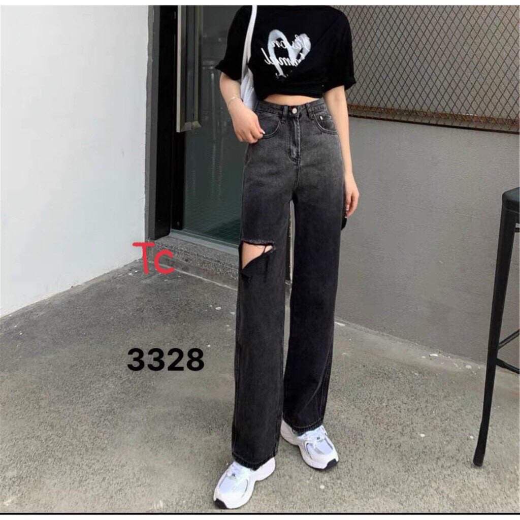 Quần bò nữ,Quần jeans loang khói rách và trơn cạp cao ống rộng xuông