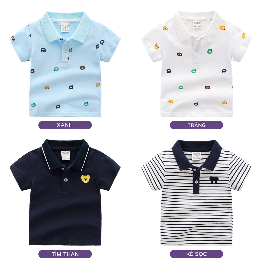 Áo POLO bé trai WELLKIDS in hình gấu cho bé chất cotton hàng xuất Âu Mỹ