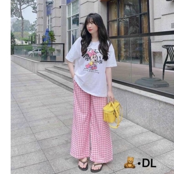 Đồ Bộ Áo+ Quần Caro dài fom rộng Unisex Set Cartoon Freesize Thun Cotton Nam Nữ Đều Mặc Được