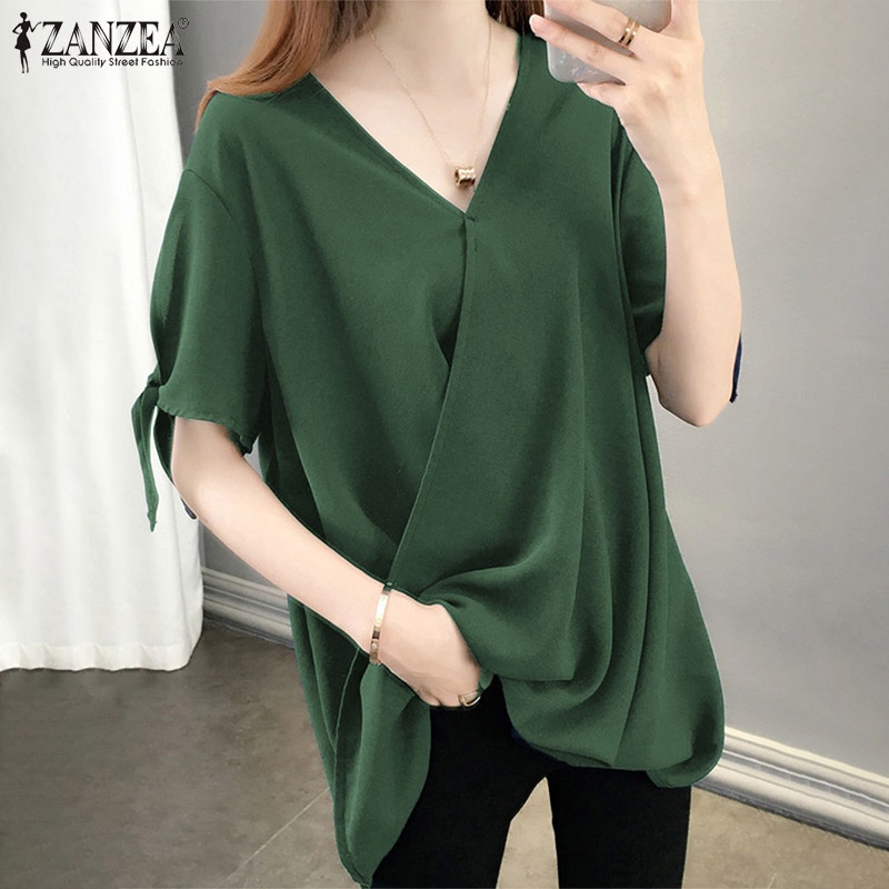 Áo sơ mi Zanzea tay ngắn cổ chữ v thời trang phong cách Hàn Quốc cho nữ