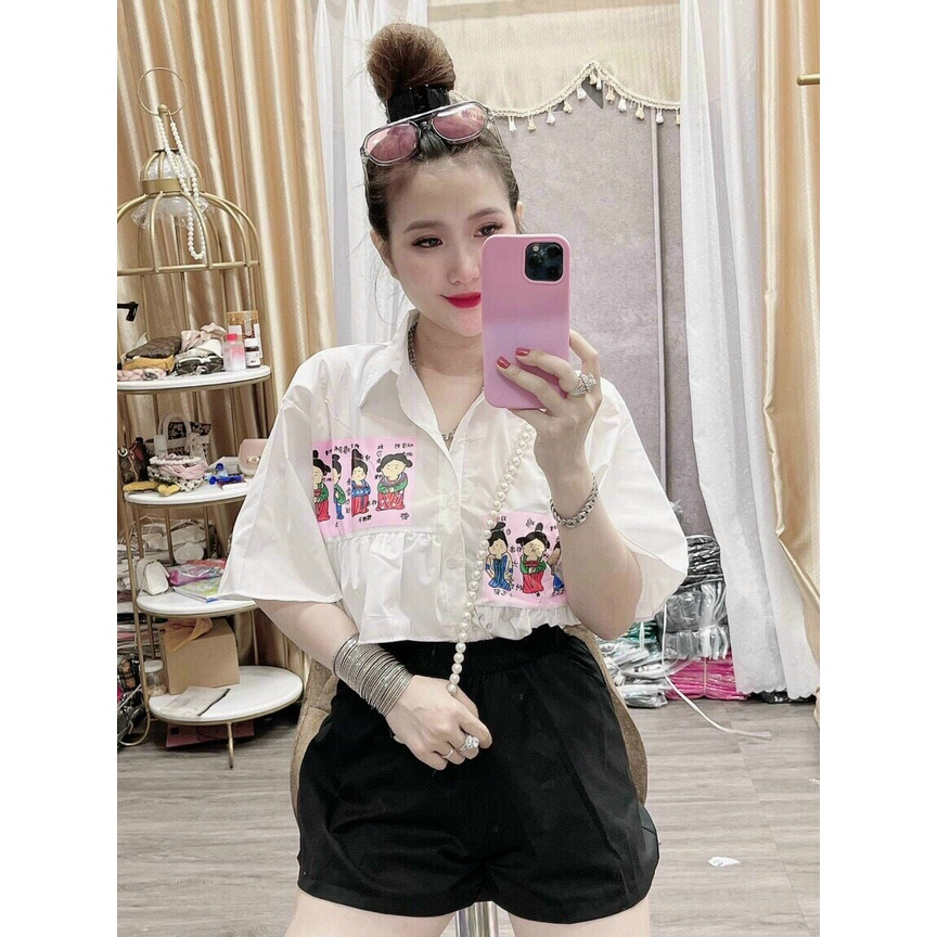 [ Miễn phí ship 2022 ] Set áo sơ mi vạc lệch, bộ chéo tà in hình cute quần short đen đi chơi mặc nhà dễ thương