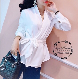 Sơ mi cổ V thắt nơ eo sang chảnh