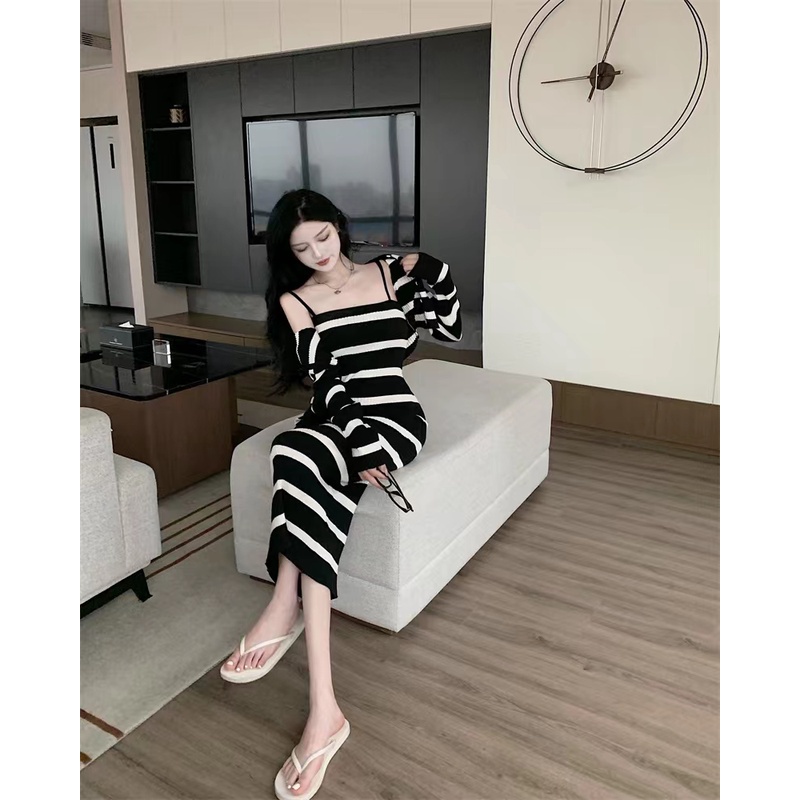 622103#Set Áo Len Trễ Vai Dài Tay + Đầm Hai Dây Họa Tiết Kẻ Sọc Thời Trang Mùa Hè Mới Cho Nữ