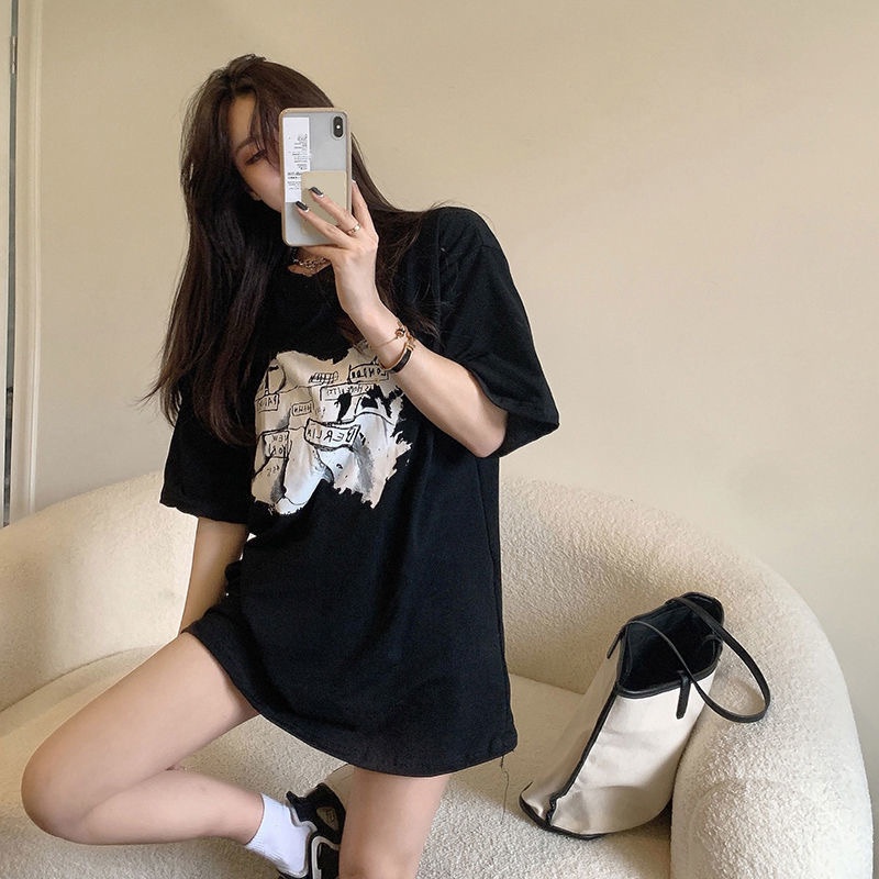Áo Thun Ngắn Tay Cổ Tròn Dáng Rộng In Họa Tiết Thời Trang Hàn Quốc Cho Nữ