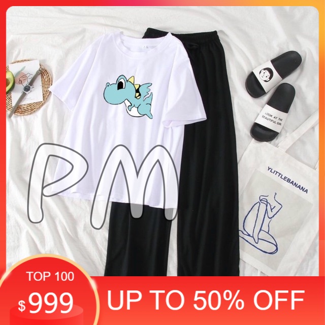 Sét áo khủng long bụng trắng + quần ống rộng cạp cao , Áo thun nam nữ, quần kaki, quần nữ, sét bộ mặc ở nhà MODY