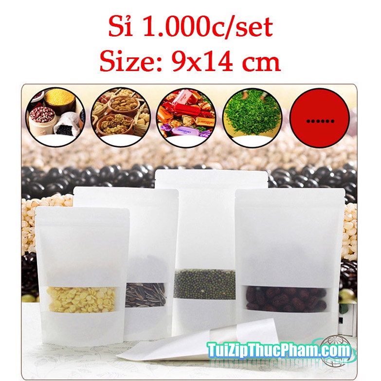 1000 Cái Túi Zip Giấy Kraft Trắng MIS Size 9x14 cm Đựng 50g Bột Mịn Có Cửa Sổ Tràn Viền, Phủ BOPP CPP chống ẩm, bán sỉ
