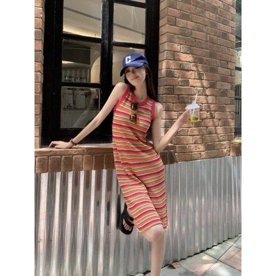 Váy sát nách cổ tròn lưới phối màu cầu vồng cá tính