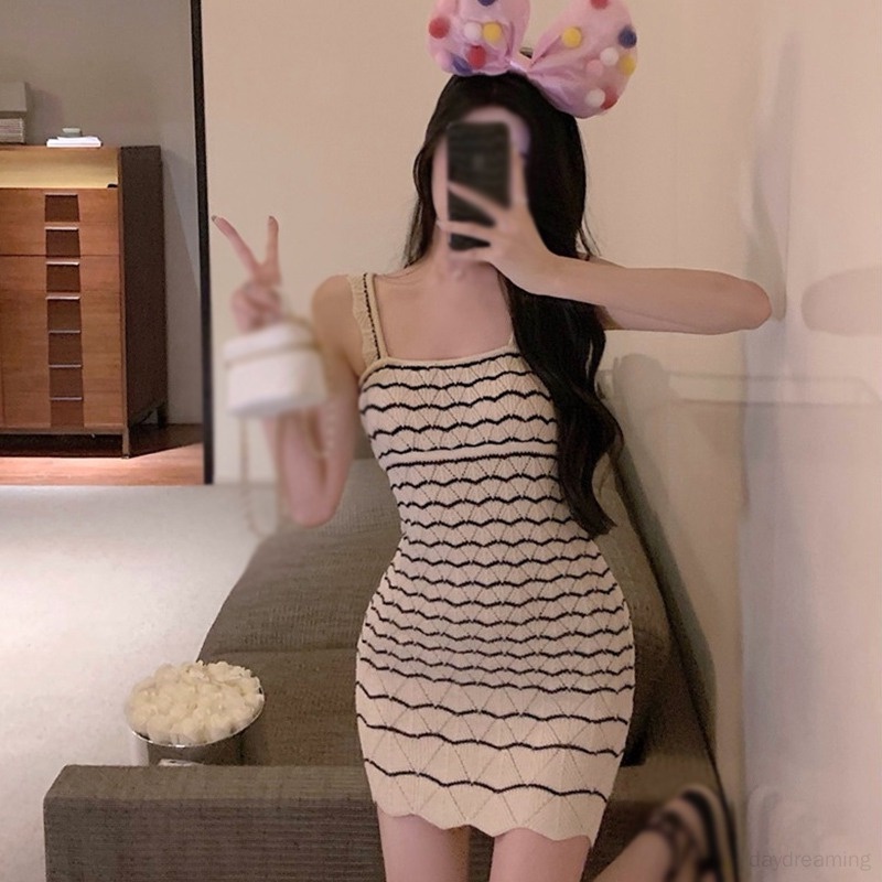 Đầm Dệt Kim Cổ Vuông Họa Tiết Kẻ Sọc Phong Cách Hàn Quốc Quyến Rũ Cho Nữ