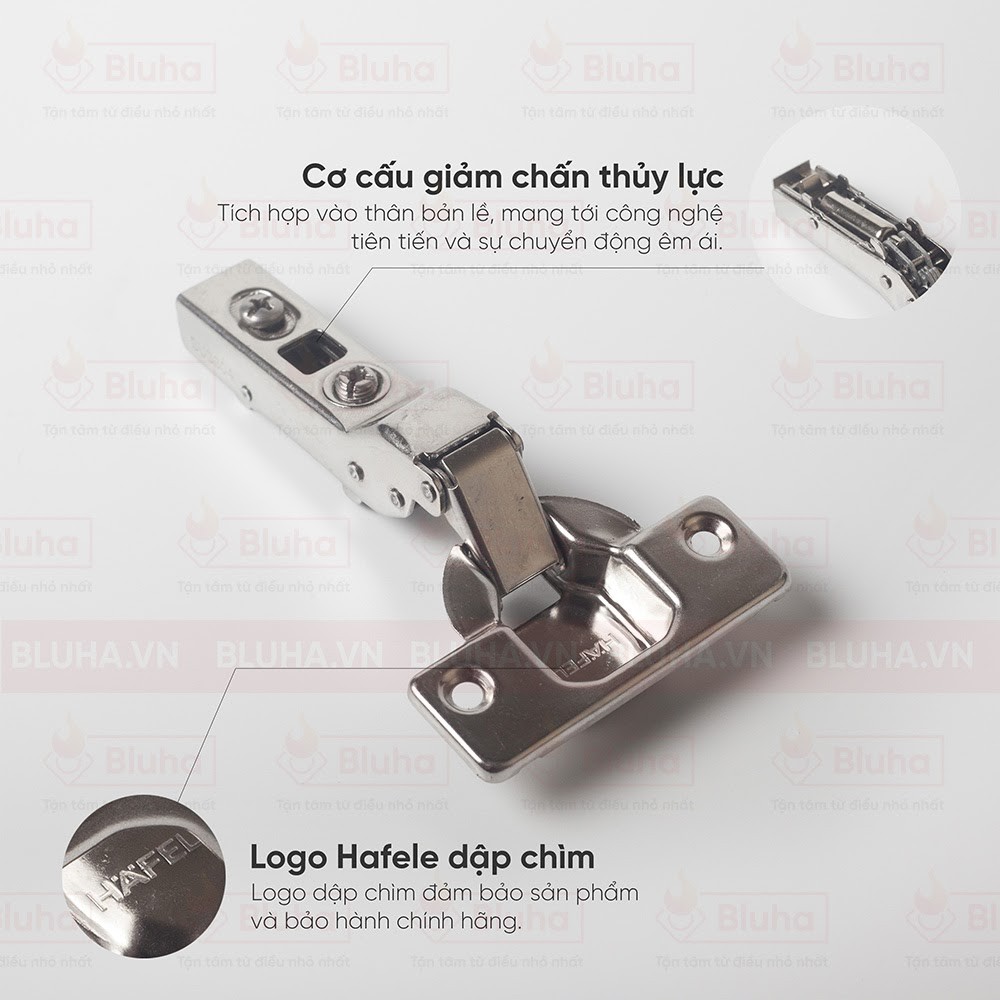 Bản lề giảm chấn inox 304 HALEFE trùm hẳn, trùm nửa, lọt lòng 315.06.750 / 315.06.751 / 315.06.752 (Kèm đế)