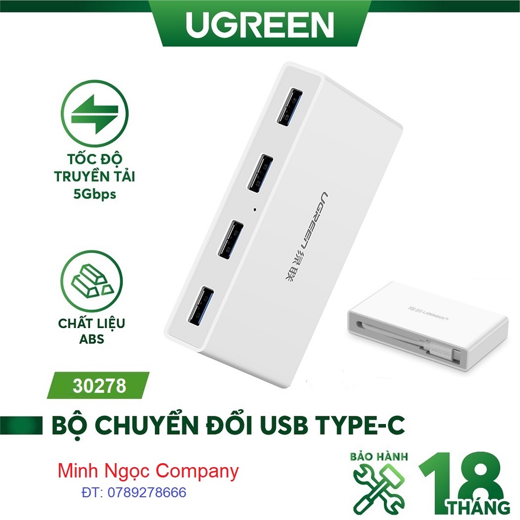 HUB bộ chuyển USB Type C sang 4 cổng USB 3.0 kèm chân sạc Type C Ugreen 30278 - Hàng Chính Hãng