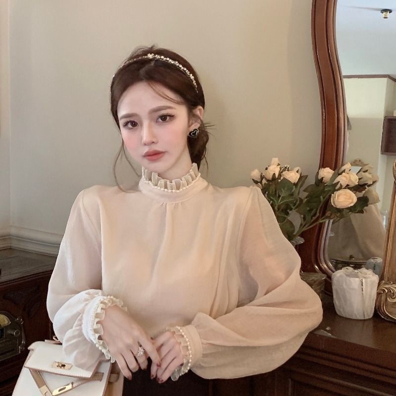 Áo Kiểu Tay Phồng Dài Cổ Lọ Phối Ren Thời Trang Trẻ Trung