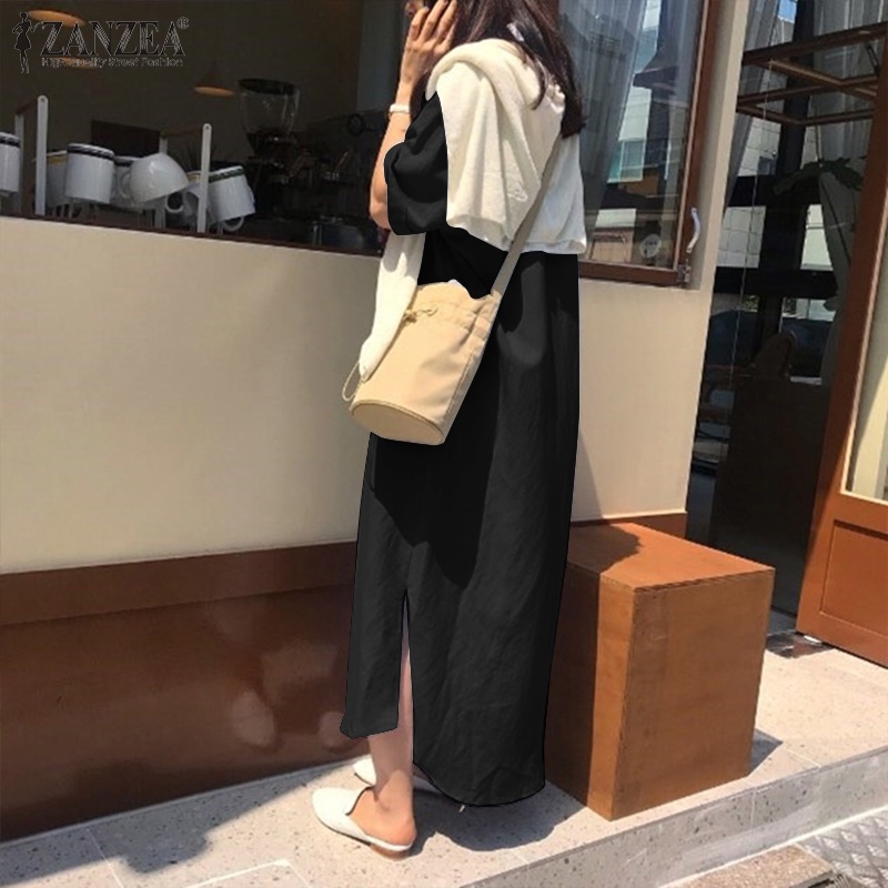 Đầm dài ZANZEA xẻ tà cổ bẻ gài nút tay lỡ thời trang cho nữ