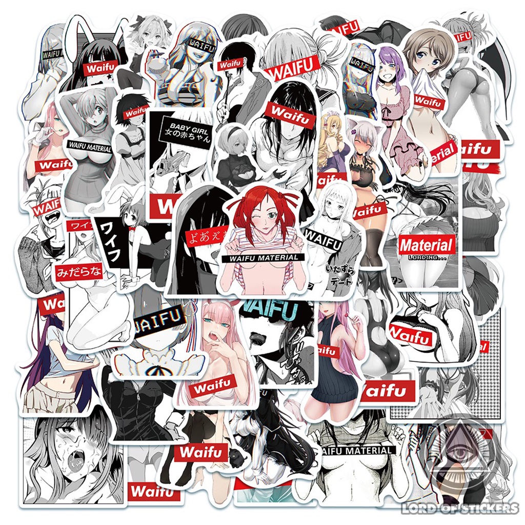 Set 50 Nhãn Dán Hình Cô Gái Anime Waifu Hentai Ecchi Sticker Miếng Dán Trang Trí Mũ Bảo Hiểm, Laptop, Ván Trượt, Guitar