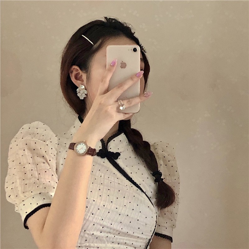 Đầm nữ dáng ôm chấm bi tay ngắn cổ tàu Emilyshop