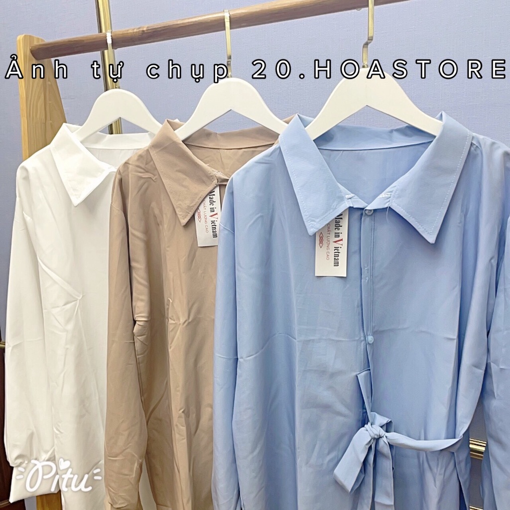 Áo Sơ Mi Buộc Nơ Eo Vải Đũi Trơn Có Dây Thắt Eo Tôn Dáng Freesize - Áo Sơ Mi Dài Tay Buộc Dây Chéo Cổ Đức 3 Màu