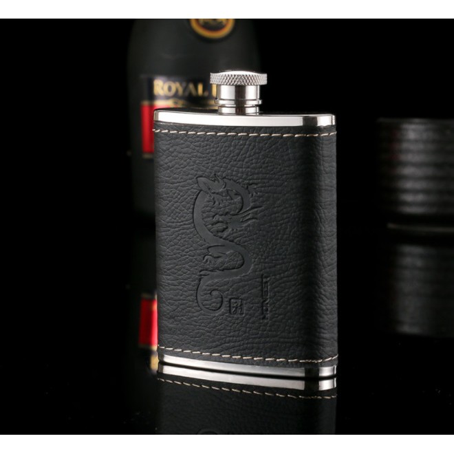 [120ML] Bình hip flask đựng rượu bằng inox 4oz bọc da, khắc rồng sang trọng, chính hãng Honest