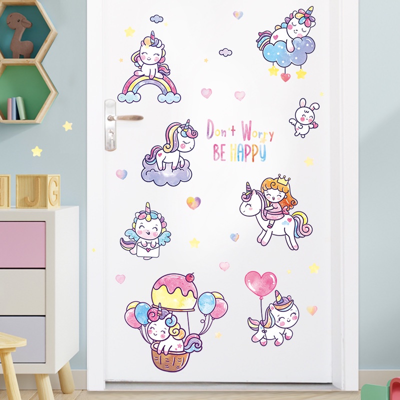 Decal trang trí tường phòng ngủ cho bé gái màu hồng - decalamyshop Kỳ lân Dont worry be happy Cao Cấp