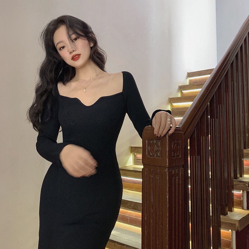 COZOK Đầm dài cổ vuông nhấn eo phong cách cổ điển