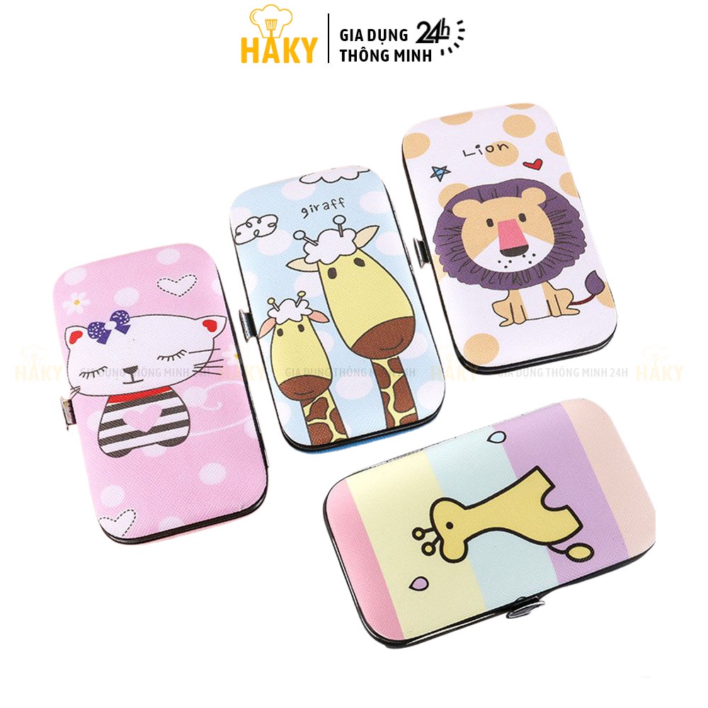 Bộ bấm móng tay 7 món thép không gỉ bao da in hình ngộ nghĩnh HAKY014, bộ dụng cụ cắt móng đa năng fullbox cao cấp