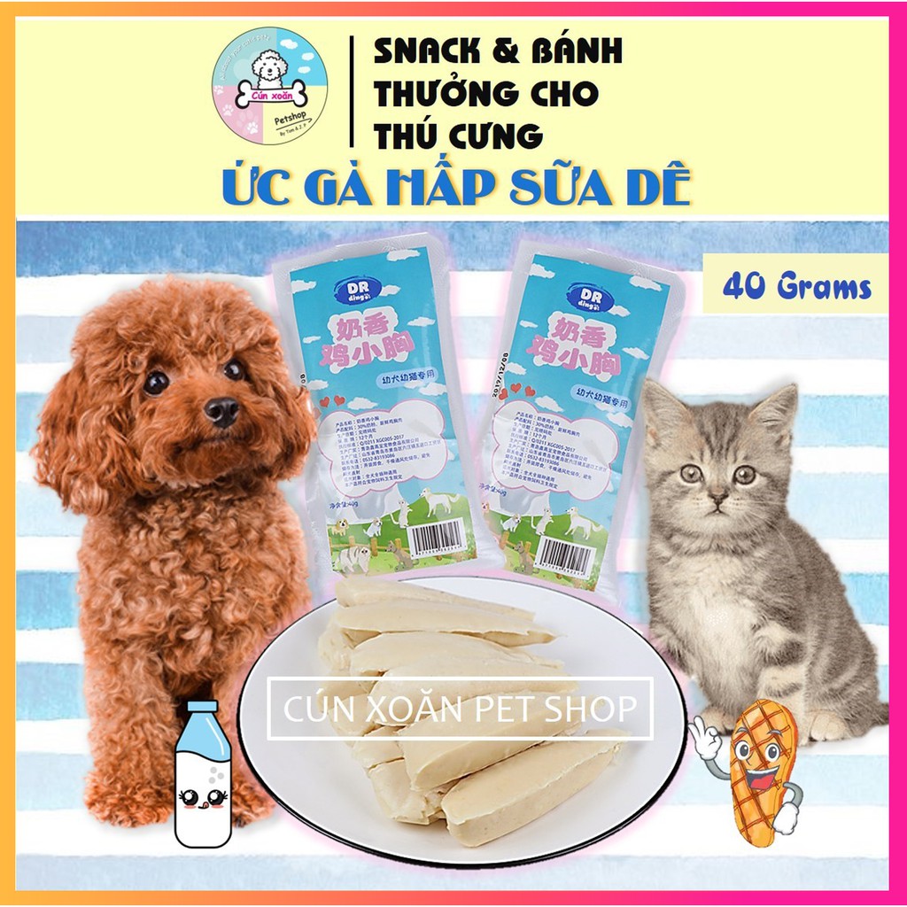 [Mã PET50K giảm Giảm 10% - Tối đa 50K đơn từ 250K] Ức gà hấp sữa dê (Túi 40gr) bánh thưởng cho chó mèo