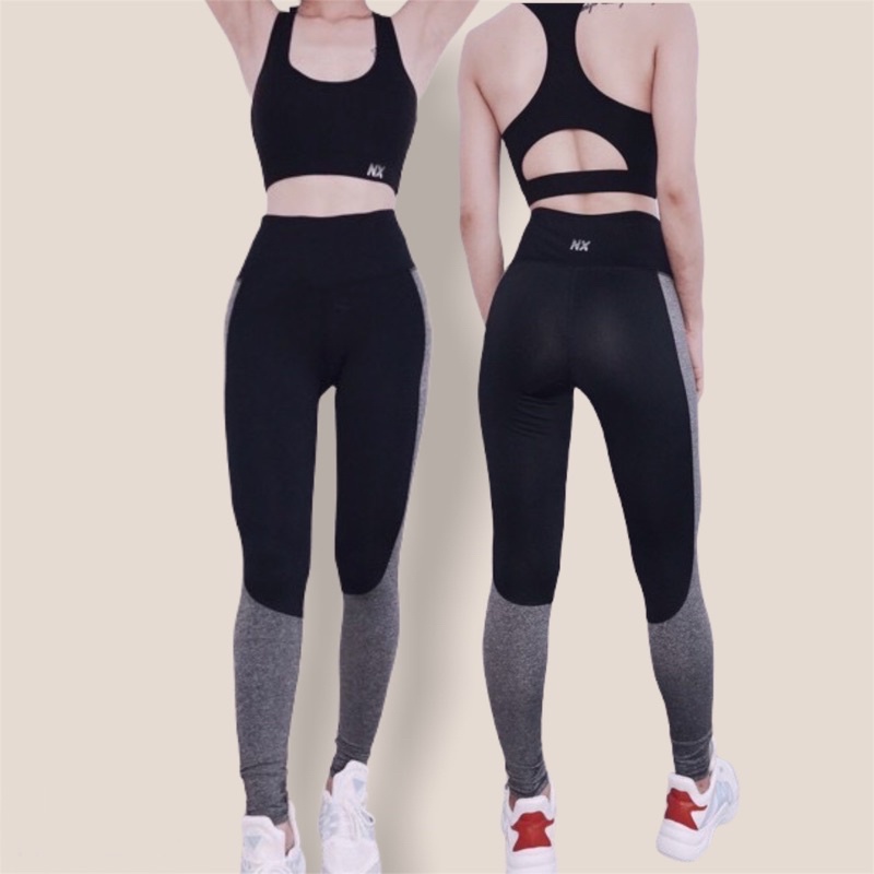 Bộ quần áo tập gym yoga nữ co giãn 4 chiều có lót ngực màu đen phối xám RD-NXBOGYM008