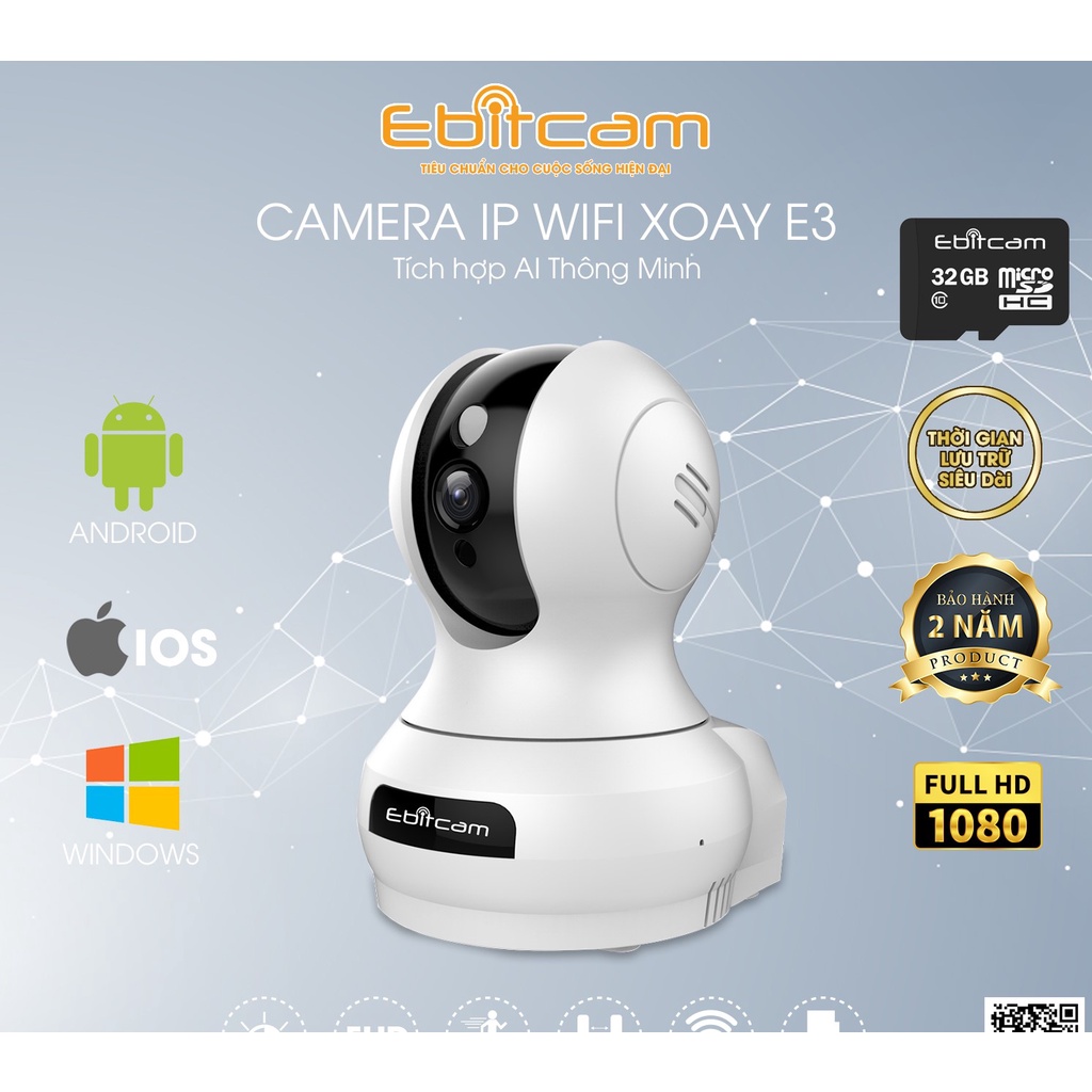 Camera IP Wifi EbitCam E3 2MP Full HD 1080P, đàm thoại 2 chiều, quay 355 độ, hỗ trợ thẻ nhớ lên 256G, hàng chính hãng