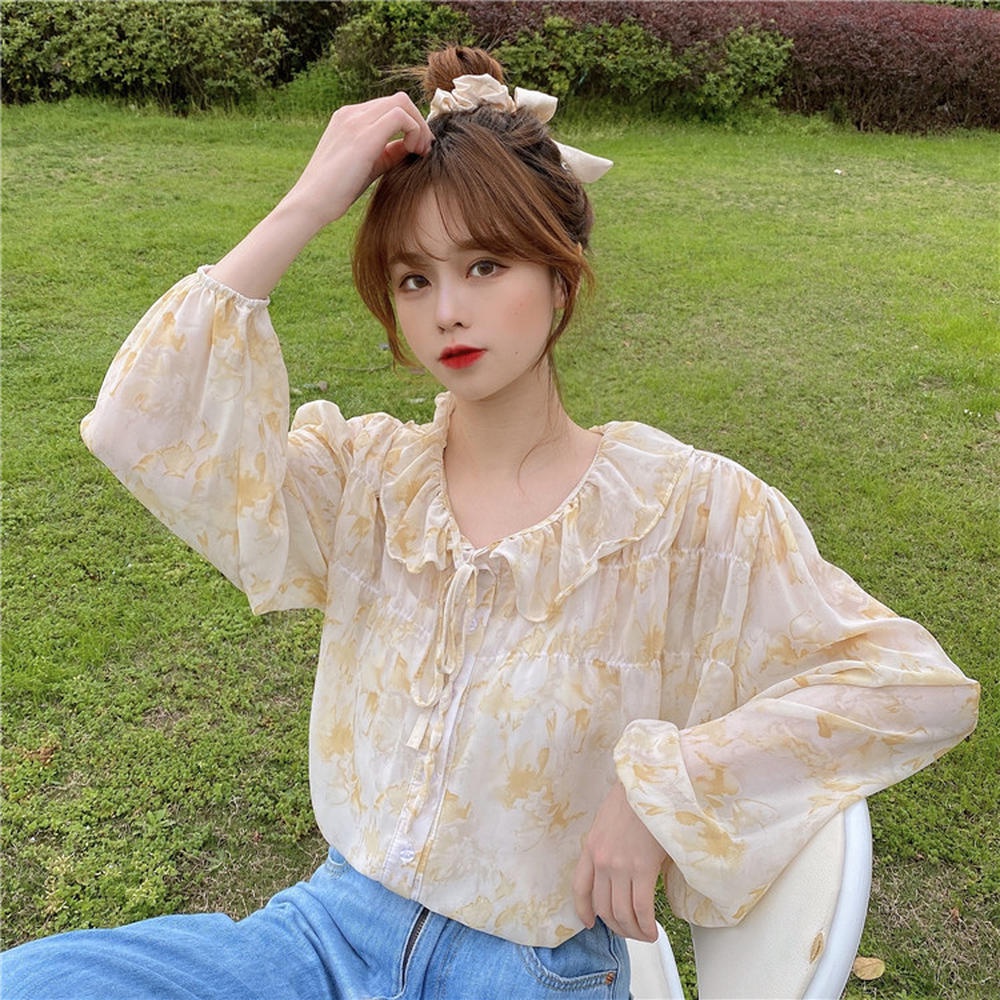 Áo Sơ Mi Tay Dài Cổ Buộc Dây Họa Tiết Hoa Ngọt Ngào Dành Cho Nữ 50180