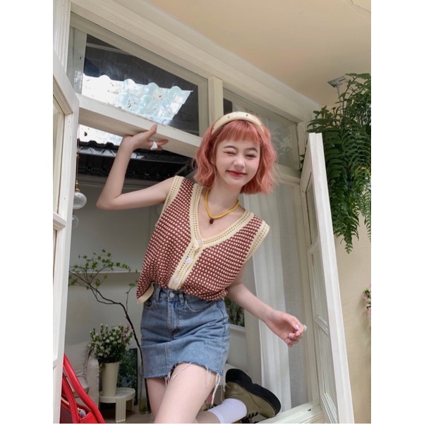Áo len gile đóng cúc kẻ ngang viền phối màu Ulzzang Style🍓Hàng Quảng Châu
