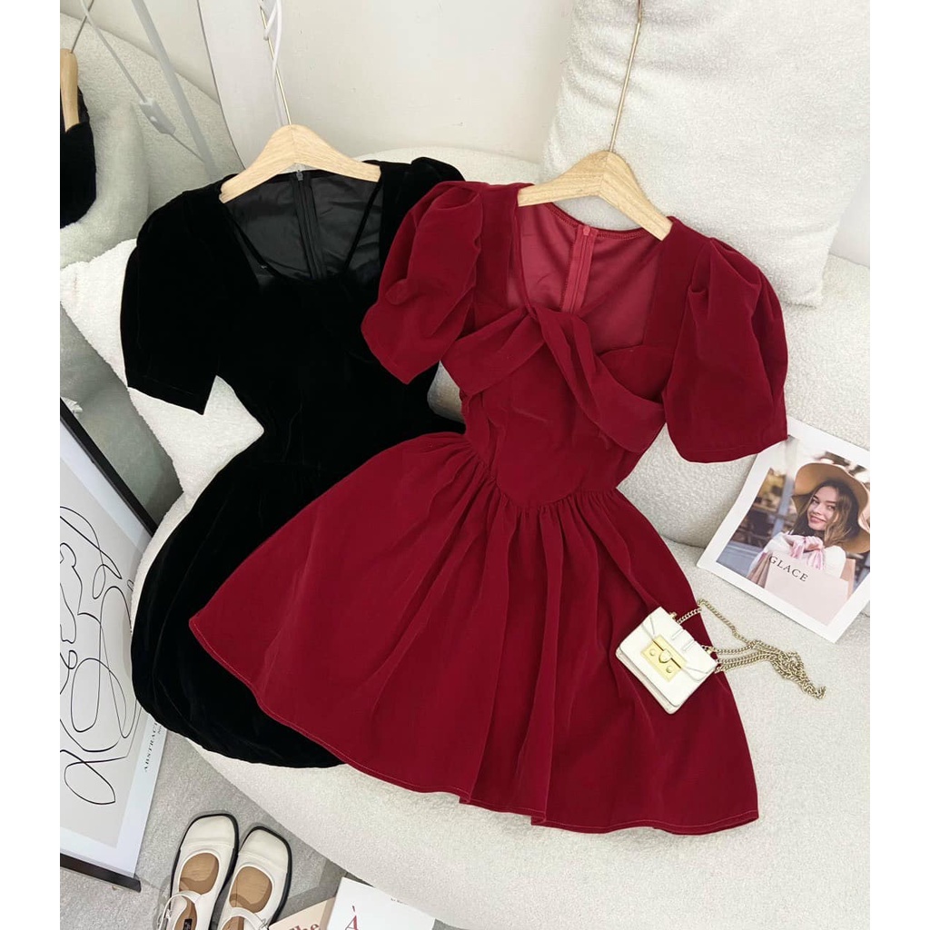 Đầm nhung xoắn cổ yếm tay phồng màu đỏ/đen NÀNG CLOSET