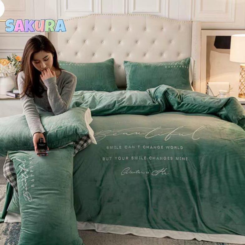 SIÊU SALES- Bộ Chăn Ga Nỉ Nhung Mịn Happiness of Life Mềm Mại - Bộ Chăn Ga Nỉ Nhung Len Cao Cấp Nhập Khẩu