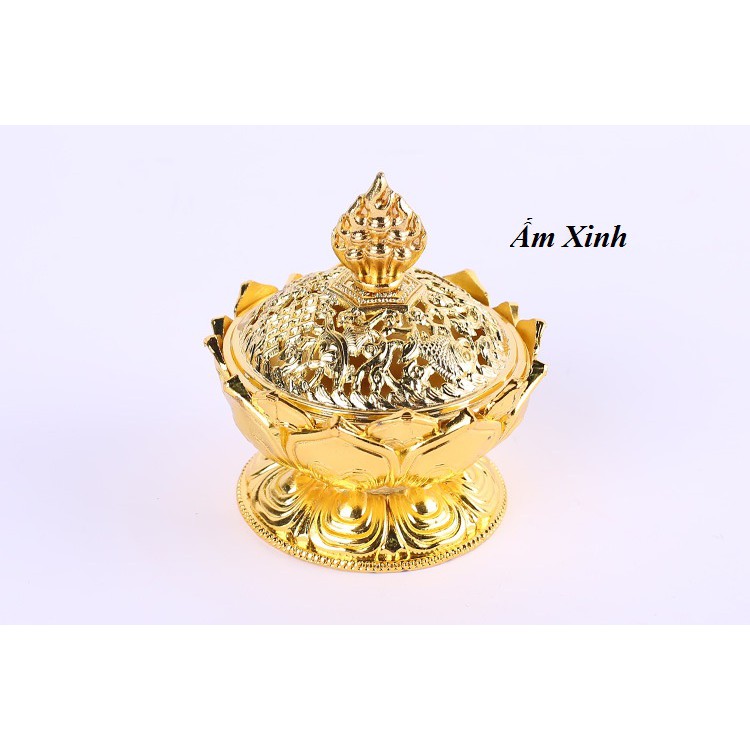 Lư hương bằng hợp kim đồng dáng bông sen dùng xông, đốt trầm hương