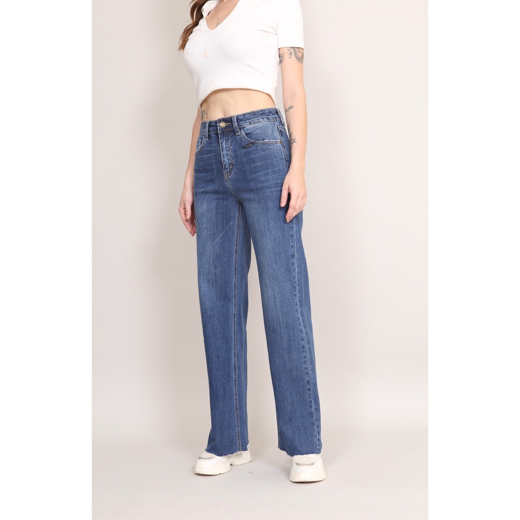 Quần jean nữ ống rộng cạp cao co giãn gấu tự do gấu dáng dài CT JEANS