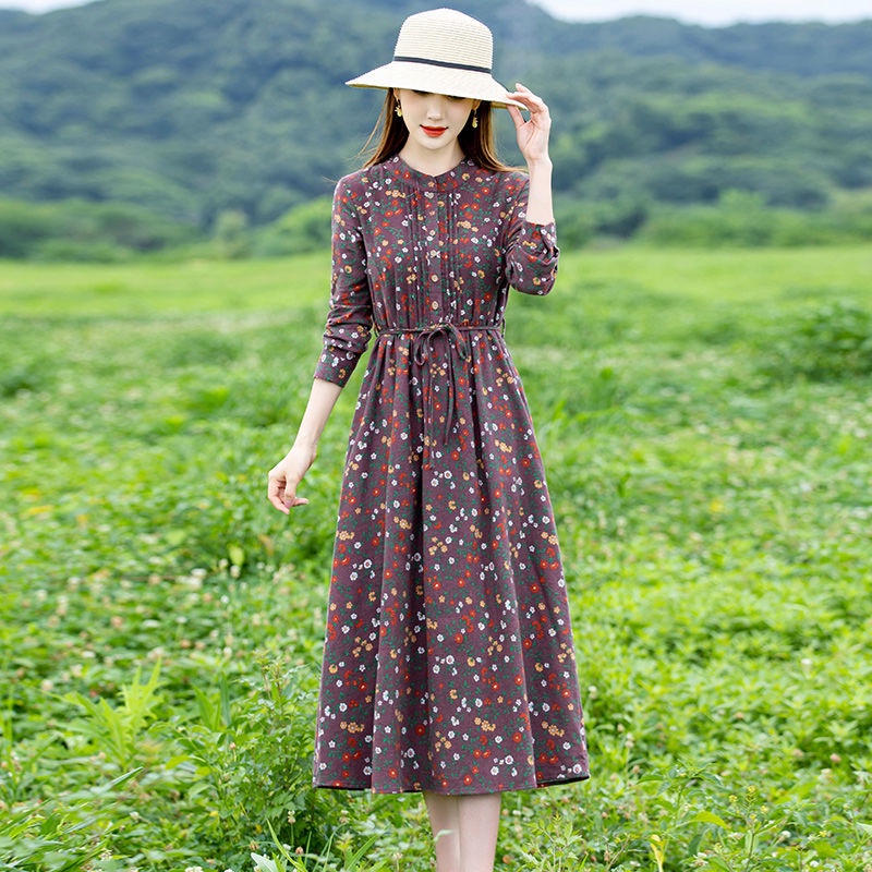 Váy vải cotton và vải lanh dài tay mùa thu 2021 nữ mới xuân cao cấp tính khí eo và váy a-line mỏng retro