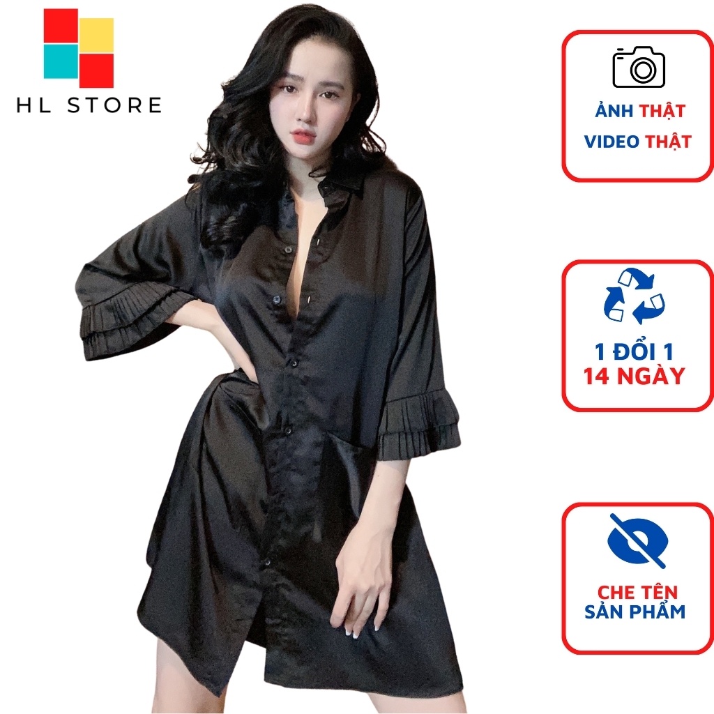 Đồ ngủ sexy đầm ngủ sơ mi gợi cảm, tay phối dập ly Hải Lan Store, chất liệu lụa satin, freesize 40-65kg tùy chiều cao