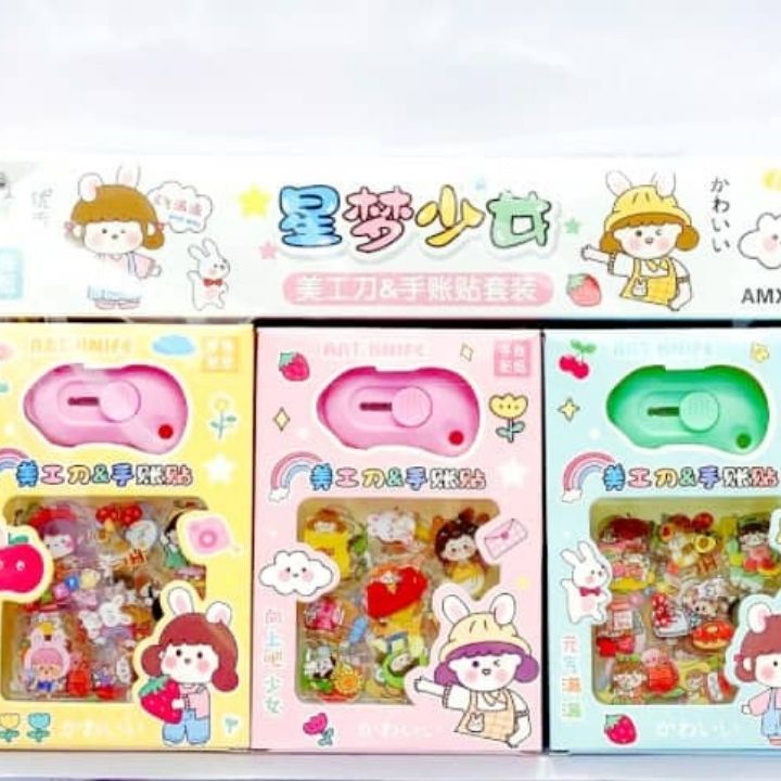 Hộp Combo 8 Miếng Dán Kèm Dao Dọc Giấy Trang Trí Sticker Trang Trí Sticker Dán Giấy Đồ Dùng  Phong Cách Hàn Quốc