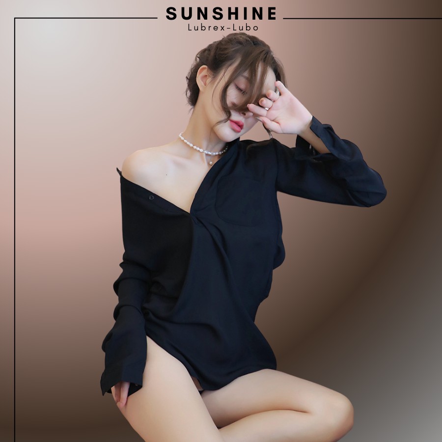 Áo Ngủ Sexy Sơ Mi Ngủ Voan Xuyên Thấu Dáng Dài Gợi Cảm MÀU ĐEN -SUNSHINE LUBREXLUBO- SMNDAY1016