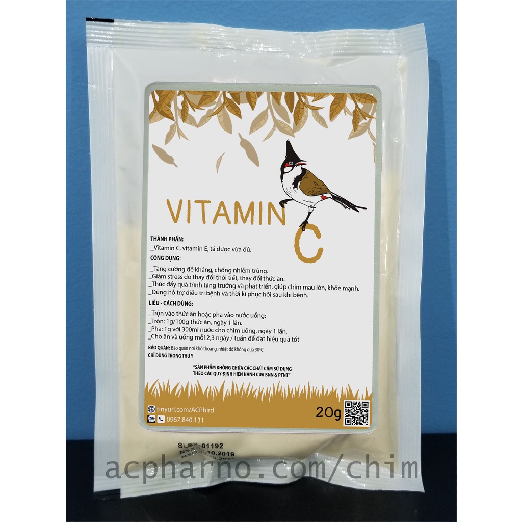 Vitamin C Dành Cho Chim Cảnh, cu gáy, chào mào, khướu, vẹt, săn mồi, họa mi 20g  Tăng sức đề kháng, giảm và chống stress