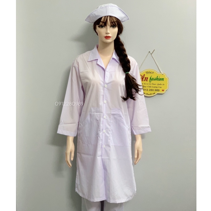 Áo Blouse, Áo y tế nữ dài tay dáng dài có 2 túi xéo phía trước _ Hình chụp thật