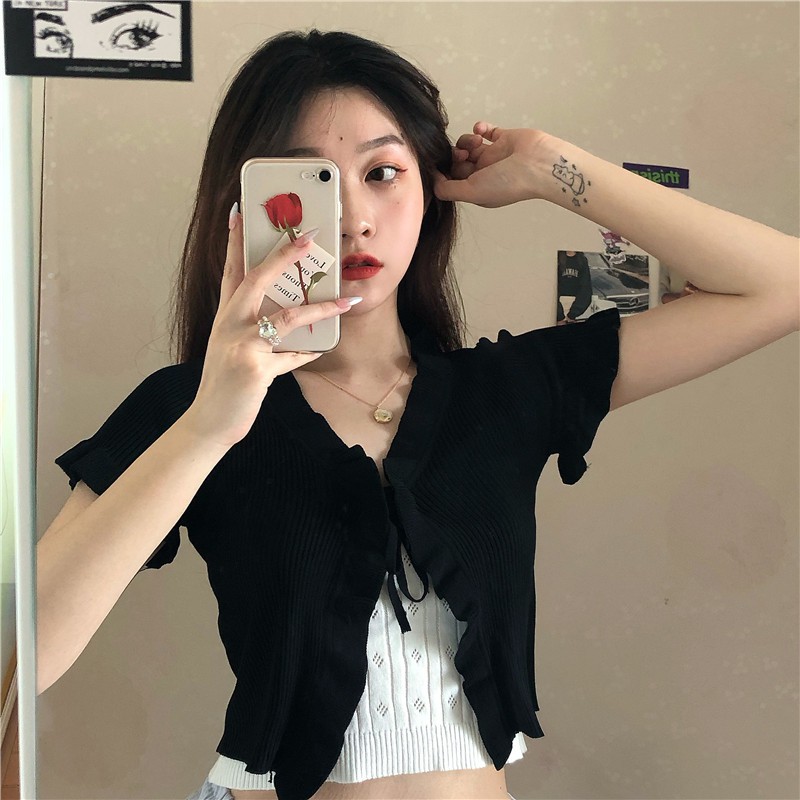 Cocory vn Áo kiểu cardigan màu trơn phối dây thắt dễ phối đồ 5 màu sắc tùy chọn quyến rũ thời trang cho nữ