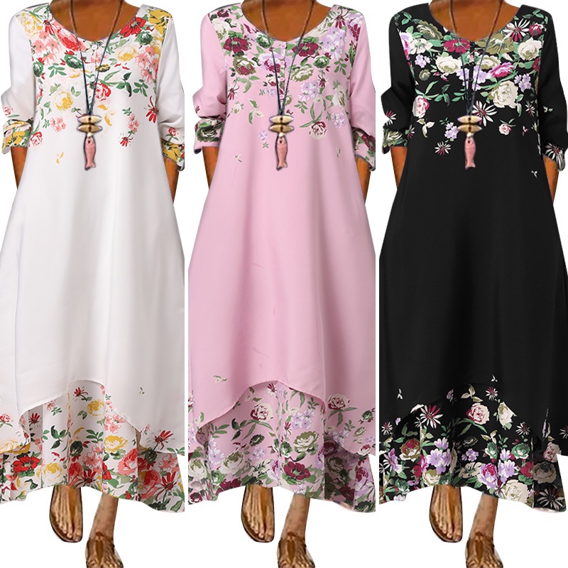 Đầm ZANZEA dáng dài cổ tròn in họa tiết phong cách vintage Châu Âu cho nữ