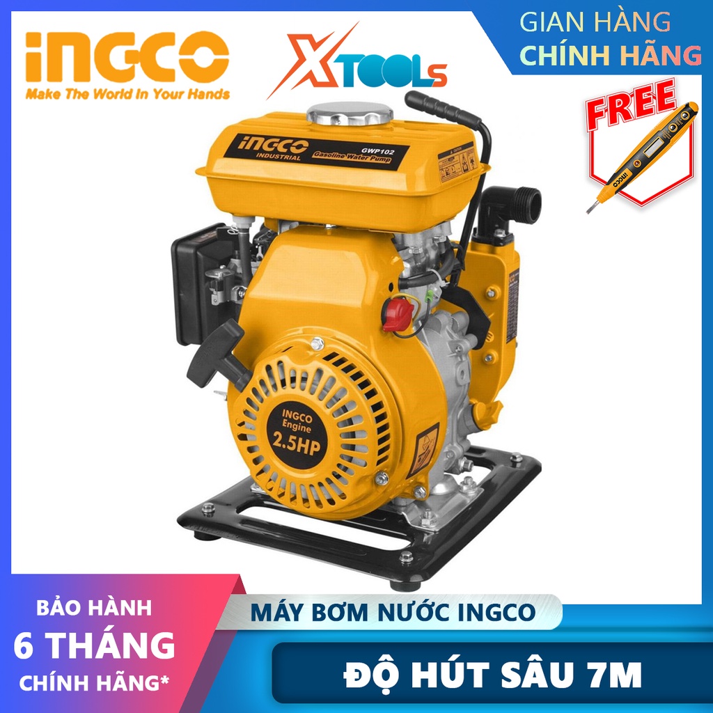 Máy bơm nước dùng xăng INGCO GWP102 | máy bơm nước Chiều cao bơm 16m, Lưu lượng bơm 100L/min, dung tích xilanh 105cc tăn